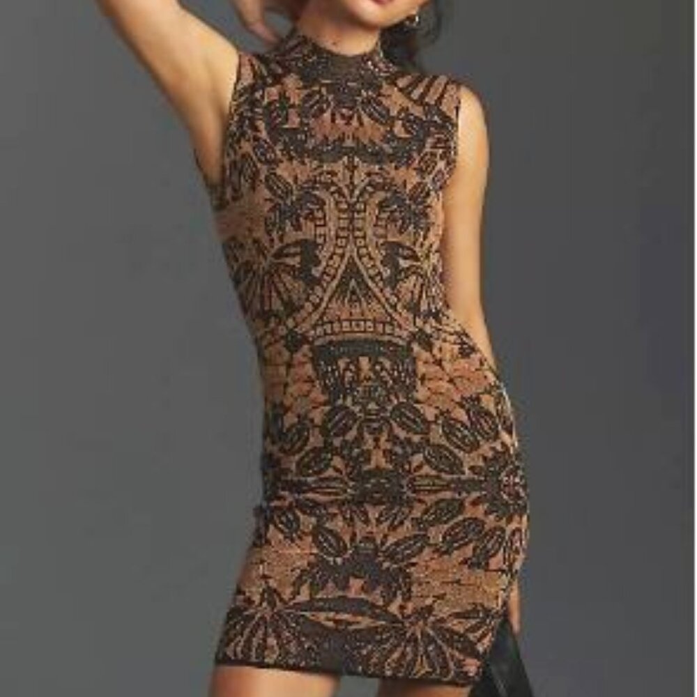 NWT Anthropologie Mock-Neck Cap-Sleeve Slim Knit Mini Dress Bronze L